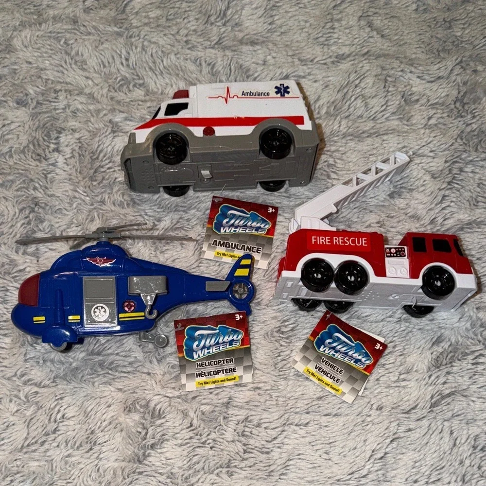 Turbo Wheels Emergency Vehicle Set Fire Truck Ambulance Helicopter Lights Sound